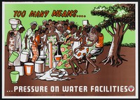 view A woman accosts another at a water collecting point before a crowd of onlookers waiting to fill their buckets: importance of family planning in Ghana. Colour lithograph by the Ministry of Health Ghana, ca. 2000.