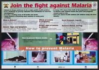 view A mosquito that transmits malaria with images of how to prevent it: the Malaria Control Programme in Kenya. Colour lithograph by Ministry of Health , 2004.