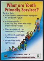 view Young people at various tasks with a list of services available from the Youth Friendly Services in Kenya. Colour lithograph by Ministry of Health , ca. 2000.