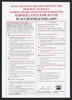 view Action list in the event of acute flaccid paralysis: prevention of poliomyelitis in Kenya. Colour lithograph by Ministry of Health, 2001.