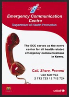 view A telephone receiver: health related emergency communications in Kenya. Colour lithograph by Department of Health Promotion, ca. 2000.