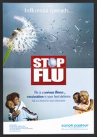 view Iron filings blowing off a dandelion flower head: flu prevention in Kenya. Colour lithograph by Sanofi Pasteur, ca. 2000.