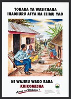 view A man addresses an elderly woman as a girl approaches: dangers of circumcision to girls in Kenya. Colour lithograph by J. Ouma for Maendeleo ya Wanawake Organisation, 1998.