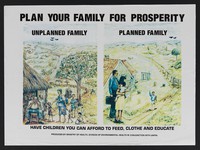 view A large deprived unplanned family compared with a small, prosperous family: family planning in Kenya. Colour lithograph by Ministry of Health, ca. 2000.