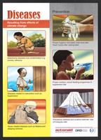 view A child with diarrhoea, malnutrition and vector related disease and means of prevention: The Disaster Risk Reduction Project in Kenya. Colour lithograph by P. Wambu, ca. 2000.