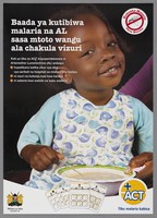 view A child smiles as she eats a bowl of food with packets of tablets below: use of ACT to prevent malaria in Kenya. Colour lithograph by Ministry of Health, ca. 2008.