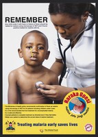 view A nurse uses a stethoscope on a child with a thermometer in his mouth: preventing malaria in Kenya. Colour lithograph by Ministry of Public Health and Sanitation, ca. 2008.