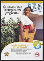 view A pregnant woman stands outside a health centre: malaria prevention during pregnancy in Kenya. Colour lithograph by Ministry of Public Health and Sanitation, 2010.