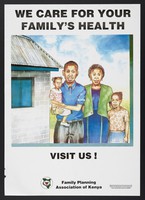 view A family standing outside a brick built building: family planning in Kenya. Colour lithograph by Family Planning Association, ca. 2000.