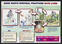 view Waste disposal practices in Kenya. Colour lithograph by Ministry of Health, ca. 2000.