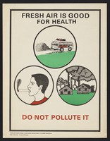 view Fumes emitting from a coach, a smoker and a factory: pollution in Kenya. Colour lithograph by B. Obara/E.W. Ngunga for Ministry of Health Division of Health Education, ca. 2000.