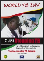 view A lab technician looking through a microscope: World TB Day in Kenya. Colour lithograph by Ministry of Public Health and Sanitation, ca. 2000.