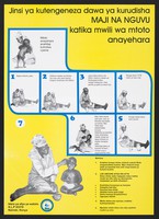 view A woman making a solution to cure her child's diarrhoea: child health in Kenya. Colour lithograph by Department of Child Health, ca. 2000.