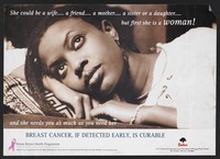 view A woman with her head leaning on her hand: preventing breast cancer in Kenya. Colour lithograph by Barbara Minishi for Kenya Breast Health Programme, ca. 2000.