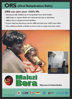 view A child drinking a cup of oral rehydration salts: treating diarrhoea in Kenya. Colour lithograph by Ministry of Health, ca. 2000.