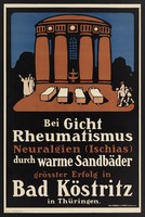 view A temple with a fountain, representing sandbath treatment for gout and other diseases at Bad Köstritz. Colour lithograph attributed to P. Scheurich, ca. 1910.