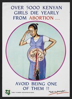 view A pregnant woman crying as a saw cuts her newborn foetus in half: preventing abortion in Kenya. Colour lithograph by the Family Planning Association of Kenya, ca. 2000.