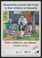 view Parents talking to their children about sexuality: sexual health education in Kenya. Colour lithograph by Ben Nyan'oma for the Young Men as Equal Partners (YMEP) Project, ca. 2000.