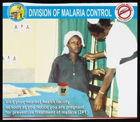 view A pregnant woman receiving treatment for malaria: preventing malaria in Kenya. Colour lithograph by Ministry of Health Division of Malaria Control, ca. 2000.