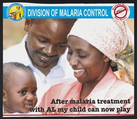 view A man and woman smiling at their baby: preventing malaria in Kenya. Colour lithograph by Ministry of Health Division of Malaria Control, ca. 2000.