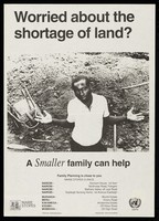 view A man with arms outstretched in desperation in a barren landscape: promoting smaller families through family planning at Marie Stopes clinics in Kenya. Lithograph by Population Media, ca. 2000.