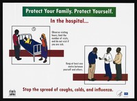 view Observing hospital visiting hours and keeping distance from the sick: preventing the spread of coughs, colds, and influenze in Kenya. Colour lithograph by Ministry of Health, ca. 2000.