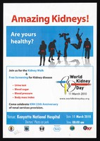 view Silhouette figures with red kidneys highlight representing free screening to mark World Kidney Day on 11 March 2010 in Kenya. Colour lithograph, 2010.