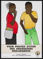 view A pregnant girl cries as her partner appears in thought: avoiding unwanted pregnancies in Niger. Colour lithograph by FFP, ca. 2000.