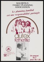 view A man dispensing condoms from a machine: advert for durex condoms and family planning in Mauritius. Colour lithograph by Mauritius Family Planning Association, ca. 2000.