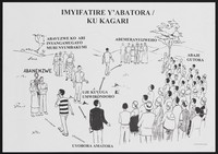 view Crowds of Rwandans guided by arrows to different groups watched by a speaker: democracy and governance in Rwanda. Lithograph, ca. 2001.