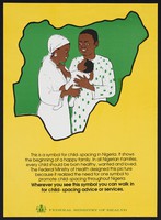 view A couple with their baby within a map of Nigeria: family planning in Nigeria. Colour lithograph by Federal Ministry of Health, ca. 2000.