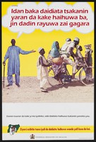 view An elderly man gestures towards a man on a bike carrying his family: child spacing and family planning in Nigeria. Colour lithograph by Federal Ministry of Health, ca. 1996.