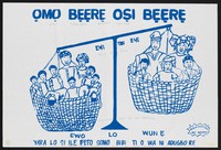 view Scales bearing the weight of a large and small family: family planning in Nigeria. Colour lithograph by Health Education Unit Abeokuta, ca. 2000.