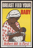 view A woman breastfeeding: child nutrition in Nigeria. Colour lithograph by Federal Health Education Unit of Lagos, ca. 2000.