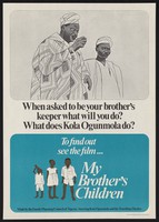 view A man discusses the care of his 3 children below with his brother: family planning in Nigeria. Colour lithograph by Family Planning Council of Nigeria , ca. 1993.