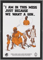 view A mother sits in despair surrounded by her children: family size in Nigeria. Colour lithograph by Nigerian Educational Research & Development Council (NERDC), ca. 1990.