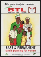 view A contented family of six: bilateral tubal ligation family planning in Nigeria. Colour lithograph by Family Health Services Project, ca. 1994.