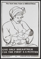 view A mother breastfeeding her baby: promoting breastmilk in newborns in Nigeria. Colour lithograph by Staywell Health, ca. 1995.