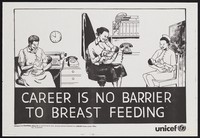 view Three women at work breastfeeding their babies: breastfeeding for working women in Nigeria. Colour lithograph by Unicef, ca. 1995.