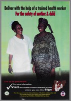 view A pregnant woman beside a health worker: safe child birth in Nigeria. Colour lithograph by Staywell Foundation, ca. 2000.