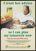 view A health worker holds the hand of a mother with her baby: family planning in Nigeria. Colour lithograph by Planned Parenthood Federation of Nigeria, ca. 2000.