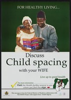 view A couple reading a family planning method leaflet: family planning in Nigeria. Colour lithograph by Federal Ministry of Health, ca. 2001.