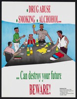 view A group of Nigerians drinking, smoking, and using drugs at a table: AIDS awareness in Nigeria. Colour lithograph by Nigeria Youth AIDS Programme, ca. 1998.