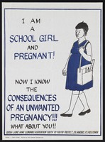 view A pregnant schoolgirl from Sierra Leone. Colour lithograph by Sierra Leone Home Economics Association Youth to Youth Project, ca. 2000.