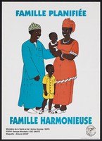 view A happy family of four: family planning in Senegal. Colour lithograph by Ministère de la Santé et de l'Action Sociale, ca. 2000.