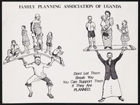 view A deprived large family compared to a small happy family of five: family planning in Senegal. Colour lithograph by Family Planning Association of Uganda, ca. 2000.