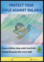 view A child lying beneath a mosquito net: malaria prevention in Uganda. Colour lithograph by the Ministry of Health, ca. 2000.