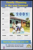 view A contented family of five illustrating a calendar for 2001: family planning in Uganda. Colour lithograph by DISH, 2001.