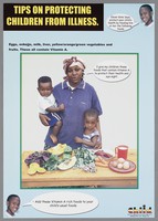 view A mother with her two young children beside a table of nutritious food containing vitamin A: preventing illness in children in Uganda. Colour lithograph by Ministry of Health, 2002.