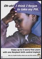 view A woman with her hand on her head: Norplant birth control implant in Uganda. Colour lithograph by DISH, ca. 2001.